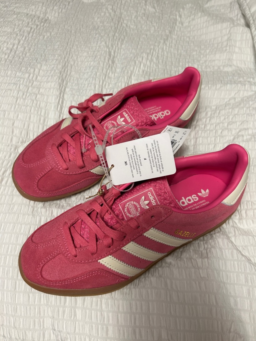 adidas Gazelle Pink Suede Sneakers with White Stripes and Gum Sole
